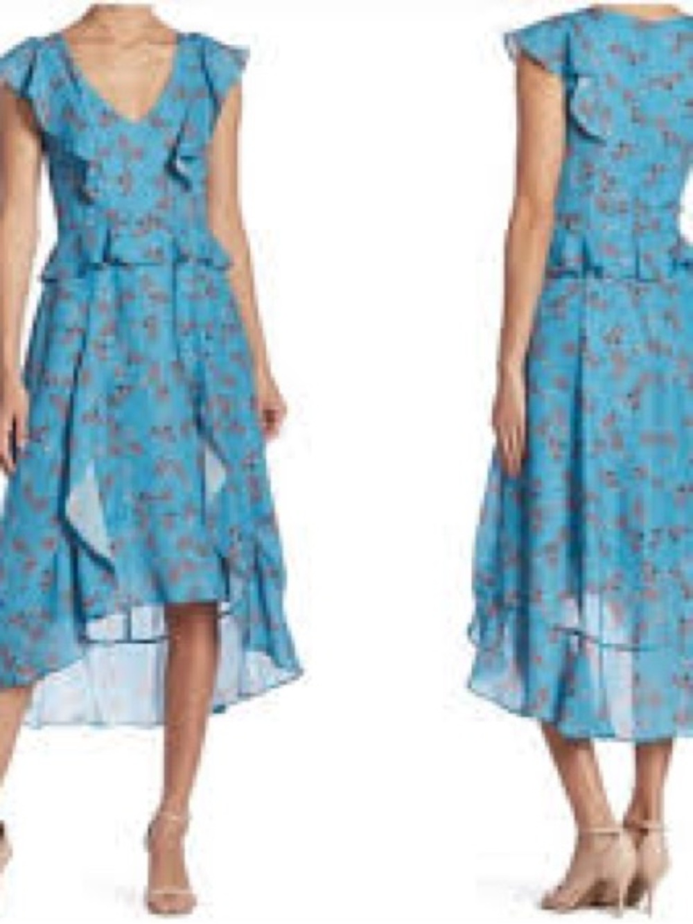 Parker Blue Floral Ruffle-Trim Midi Dress